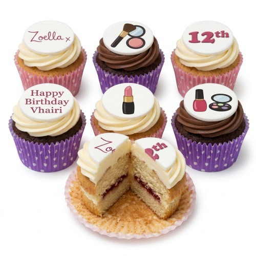 Set of makeup themed birthday cupcakes with edible toppers featuring lipstick, makeup brush, nail polish, and custom age/message examples.