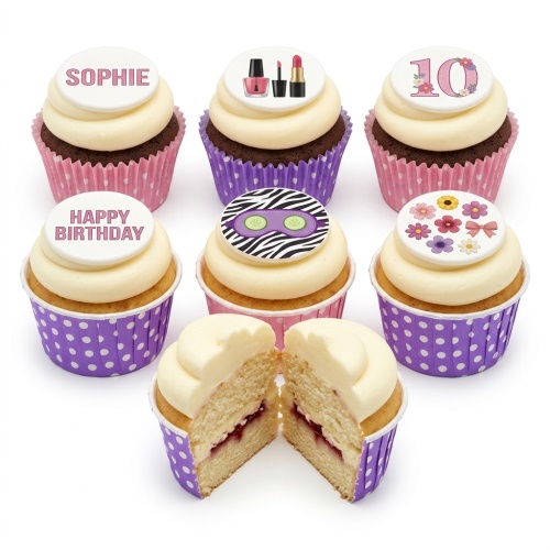 Assorted cupcakes with white frosting and various toppers including makeup, flowers, a zebra print eye mask, and customisable age and name examples.
