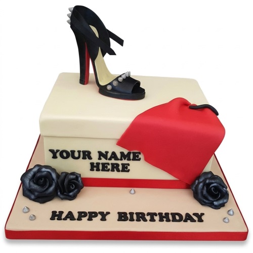 Square birthday cake with a black high heel shoe, red drape, and black roses.