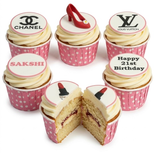 Cupcakes with designer brand logos, red high heel shoe, and red lipstick toppers, in pink polka dot cases.
