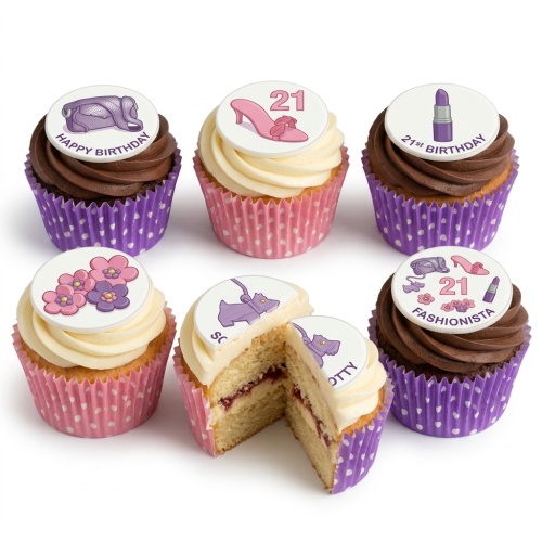 Assorted fashion-themed birthday cupcakes with handbags, high heels, lipstick, flowers, and a Scottie dog.