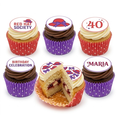 Red hat themed ladies birthday cupcakes with custom age and personalised name toppers.