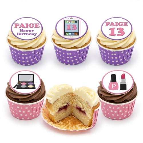 Birthday cupcakes for teenage girls with makeup and smartphone edible toppers.