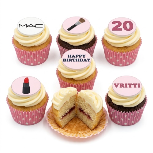 A selection of makeup-themed birthday cupcakes with various cosmetic toppers, a custom age, and a personalised name.