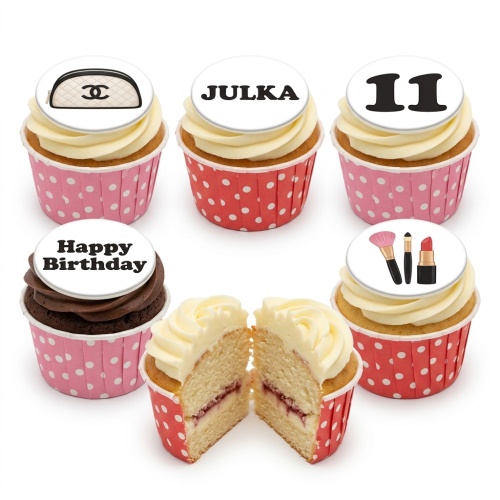 Cupcakes with makeup, designer bag, and custom age toppers in pink polka dot cases.