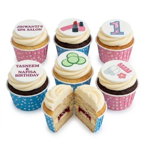 Spa and beauty themed cupcakes with makeup, cucumber, and spa essential toppers, with custom age and personalised message examples.