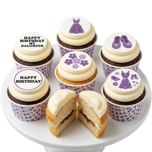 Birthday cupcakes with purple dress, shoe, and flower toppers, alongside 'Happy Birthday' messages.