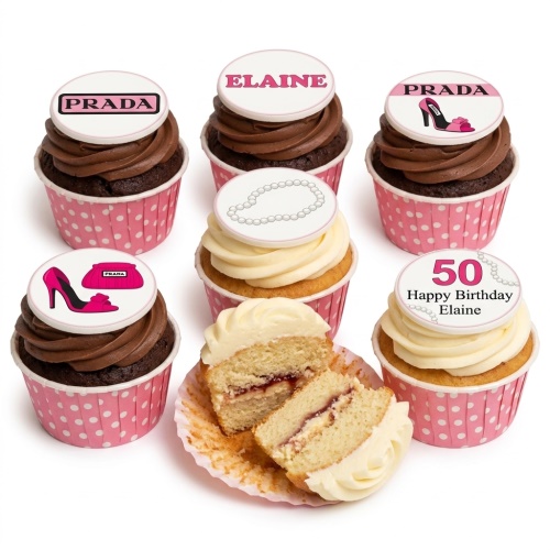 Cupcakes with Prada logo, high heel, handbag, and pearl necklace toppers in pink and white.