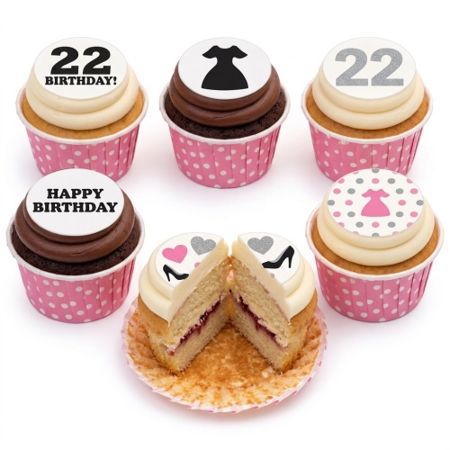 Assortment of ladies birthday cupcakes with fashion-themed toppers, custom age, and 'Happy Birthday' message.