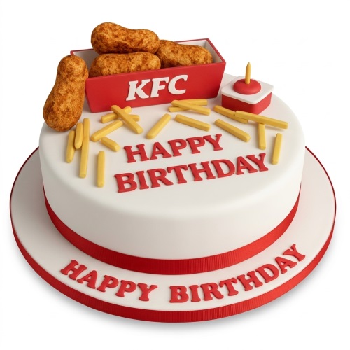 Round white birthday cake with red KFC bucket, edible fried chicken pieces, and yellow fries, with "Happy Birthday" in red lettering.
