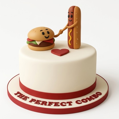 Round white cake with 3D fondant burger and hot dog holding hands, red heart, and "The Perfect Combo" text.