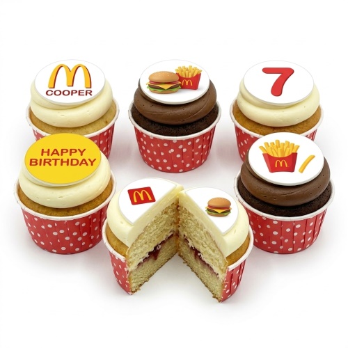 Set of McDonald's theme birthday cupcakes with golden arches, burger, fries, custom age, and personalised message toppers.