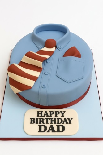 Round light blue shirt cake with a striped brown and cream tie and a brown pocket square.