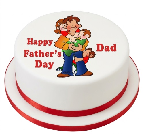 Round white Father's Day cake with a cartoon illustration of a dad with his children and red ribbon.
