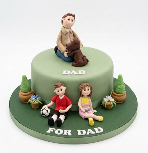 Round green birthday cake with edible figures of a dad, dog, boy with football, and girl.