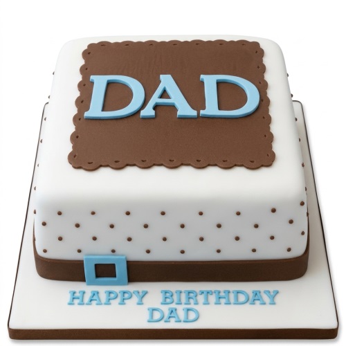Square white and brown birthday cake with 'DAD' in blue letters on top and 'Happy Birthday Dad' on the board.