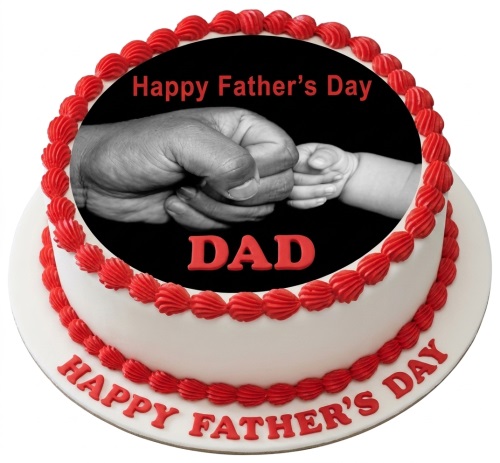 Round Father's Day cake with red piping, 'Happy Father's Day' text, and a black and white photo of adult and baby hands.