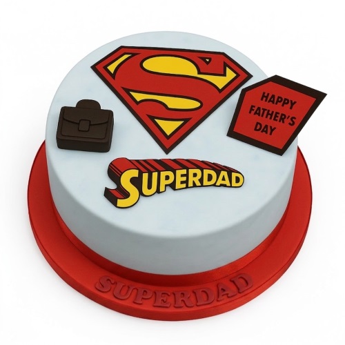 Round Superdad cake with Superman logo, briefcase, and 'Happy Father's Day' plaque.
