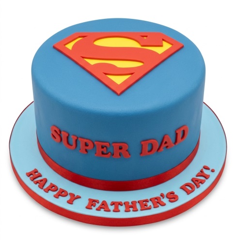Round blue cake with red and yellow Superman logo, red ribbon, and 'SUPER DAD HAPPY FATHER'S DAY!' message.