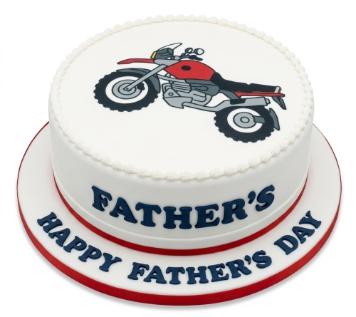 White round cake with red motorcycle illustration and 'Happy Father's Day' message.