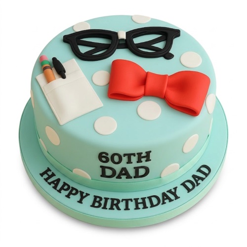 Two-tier light blue birthday cake with black glasses, red bow tie, pocket protector, and white polka dots.
