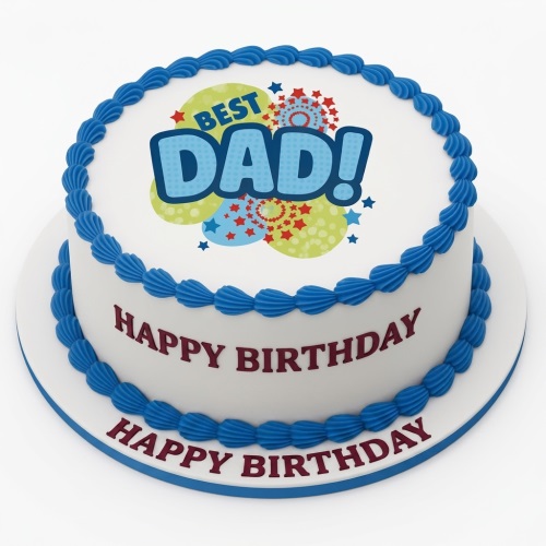 Round white birthday cake with blue piping and a 'BEST DAD!' edible print on top, with 'HAPPY BIRTHDAY' written on the side.