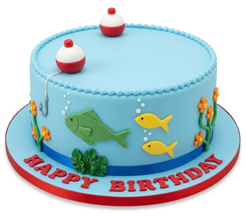 Round blue fishing theme birthday cake with red and white bobbers, green and yellow fish, and a fishing hook.