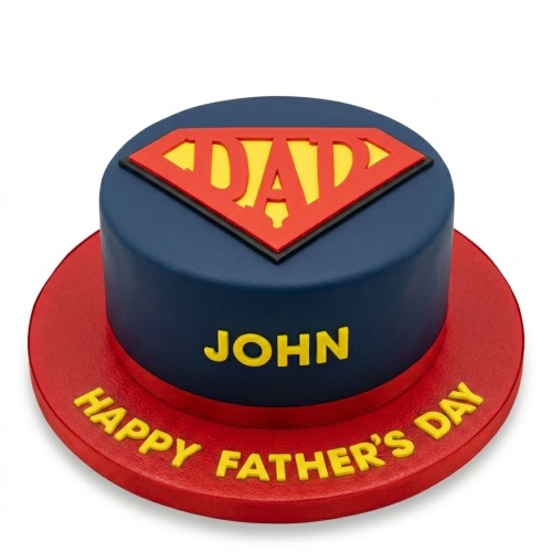 Round blue and red superhero Dad cake with yellow lettering.