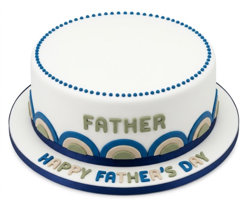 White Father's Day cake with blue beaded border, blue, green, and beige arch decorations, and "Happy Father's Day" message.