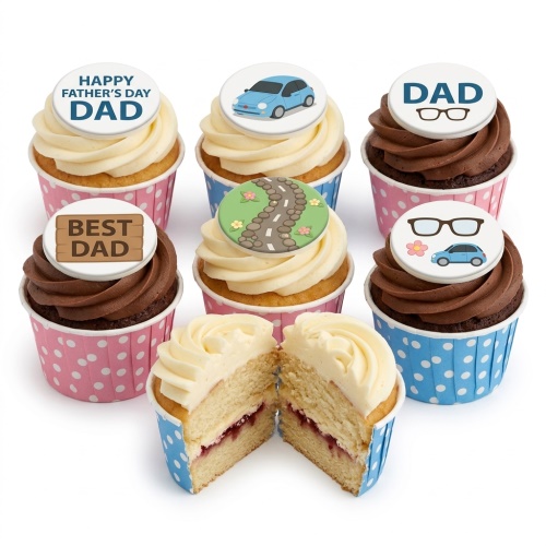 Assortment of Father's Day cupcakes with Dad, car, glasses, and road themed toppers in polka dot cases.