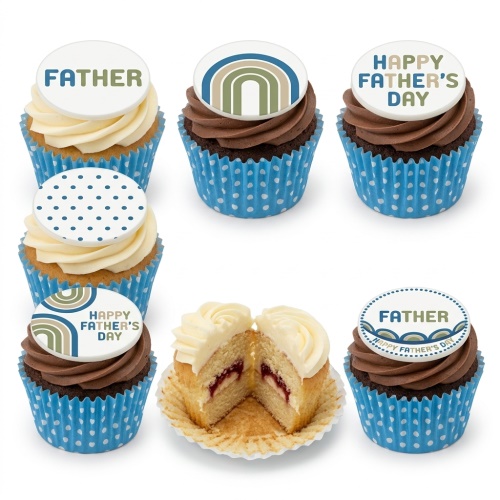 Selection of Father's Day cupcakes with 'FATHER' and 'HAPPY FATHER'S DAY' toppers, rainbow and polka dot designs, in blue polka dot wrappers.