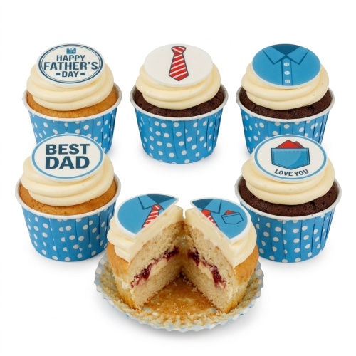 Father's Day cupcakes with shirt, tie, 'Happy Father's Day', and 'Best Dad' toppers.