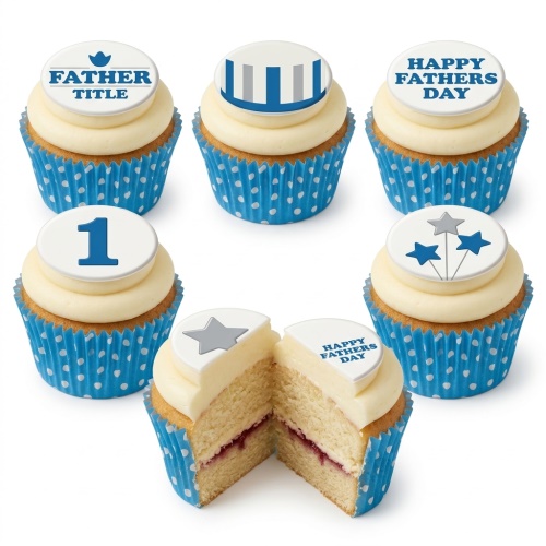 Selection of Fathers Day cupcakes with white and blue edible toppers, including 'Happy Fathers Day' and 'Father Title' messages, stars, and a number '1', in blue polka dot cases.