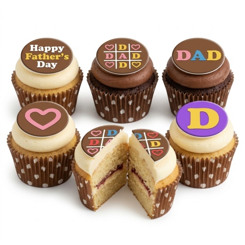 Six Father's Day cupcakes with "Happy Father's Day" and "DAD" themed chocolate toppers.