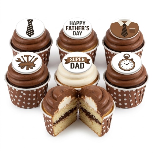 Father's Day cupcakes with brown & white frosting, featuring tie, tools, pocket watch, 'Happy Father's Day' & 'Super Dad' toppers.