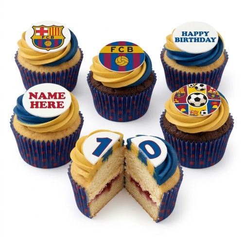 Set of FC Barcelona themed football cupcakes with blue and yellow icing, featuring FCB logos, football designs, and customisable toppers.