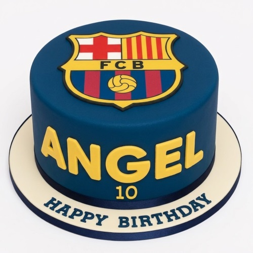 Round blue FC Barcelona football birthday cake with custom name and age.