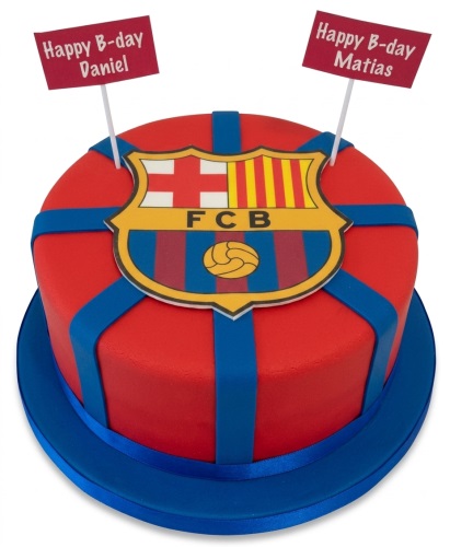 Round red and blue FCB football birthday cake with FC Barcelona crest and custom message flags.