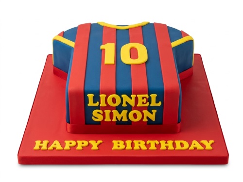 Blue and red striped football jersey birthday cake with a custom number and name.