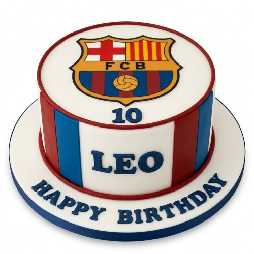 Round white cake with FC Barcelona logo, red and blue stripes, and a custom age and name.