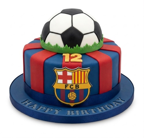 Round FC Barcelona football birthday cake with 3D football topper, blue and red stripes, and custom age '12'