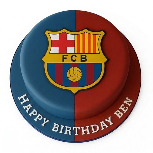 Round FC Barcelona themed birthday cake with blue and red halves and 'Happy Birthday' message.
