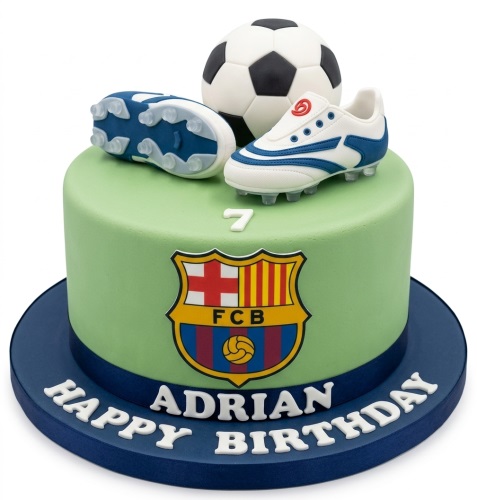 Single-tier FC Barcelona football birthday cake with edible football, boots, and custom age topper.