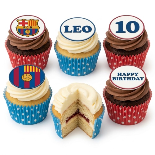 FC Barcelona football cupcakes with club crests, custom name, and age toppers.