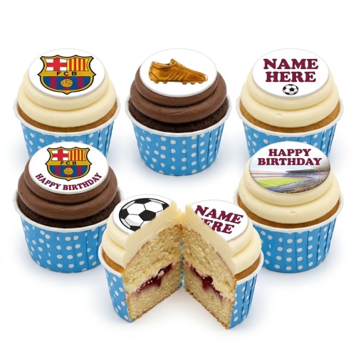 Six FC Barcelona themed football cupcakes with club crests, boot, football, stadium, and custom name toppers.