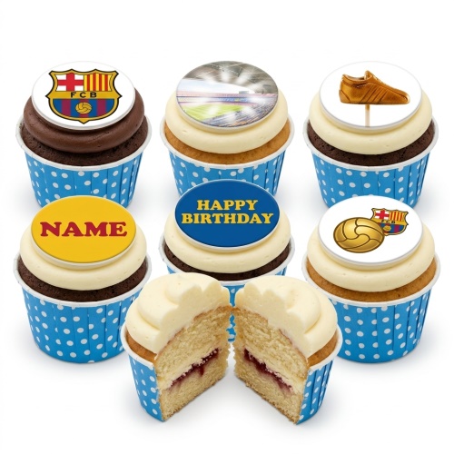 FC Barcelona themed cupcakes with club crest, stadium, football boot, and 'Happy Birthday' toppers