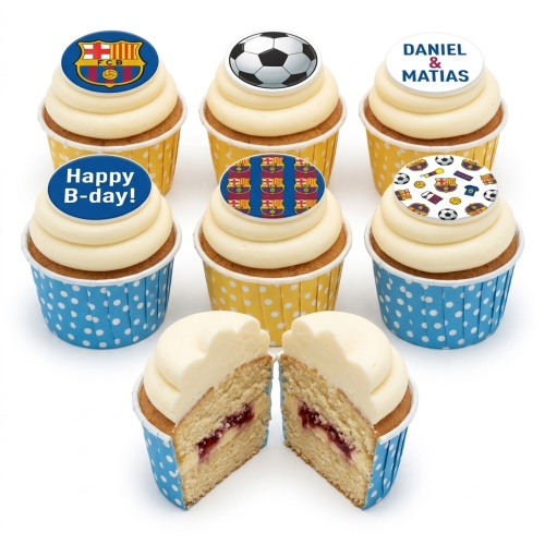 FC Barcelona themed birthday cupcakes with football designs and custom message toppers.