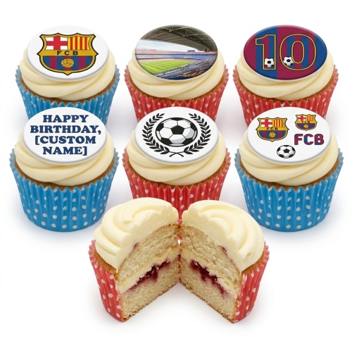 Set of six FC Barcelona themed birthday cupcakes with white icing and edible football, stadium, and logo toppers.