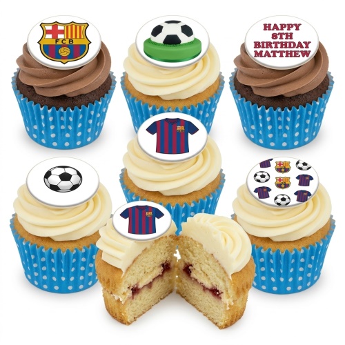 FC Barcelona football themed cupcakes with club logos, jerseys, and footballs, featuring custom age and name examples.