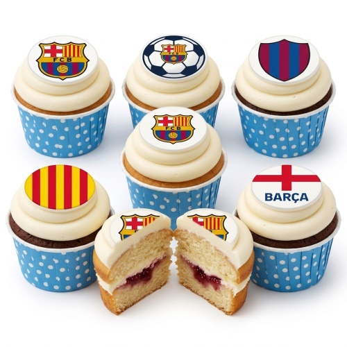 FC Barcelona themed cupcakes with club crests, footballs, and team colours on white frosting.